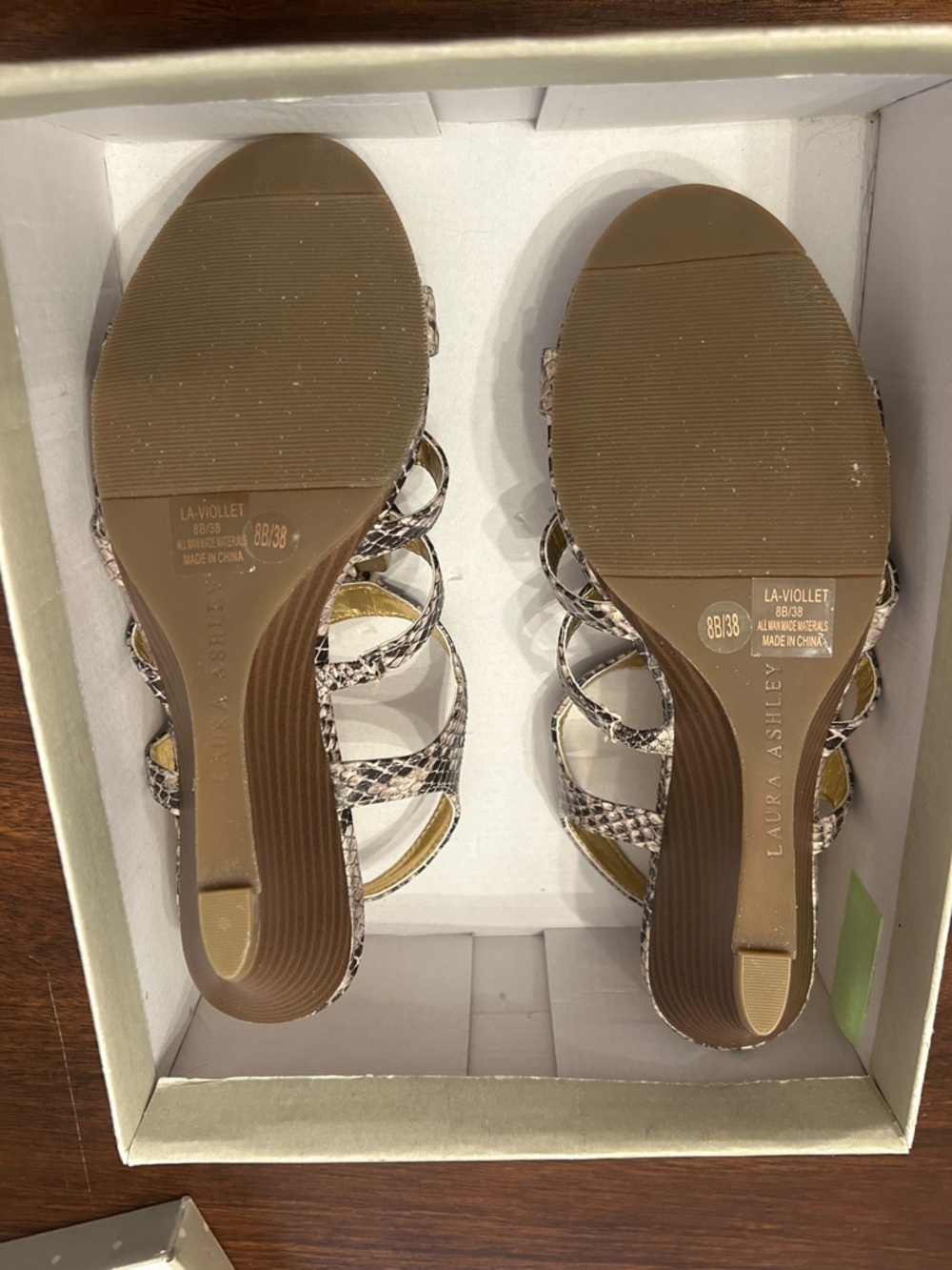Laura Ashley Taupe Snake-Print Strappy Heels with Gold Insole - Picture 2 of 3